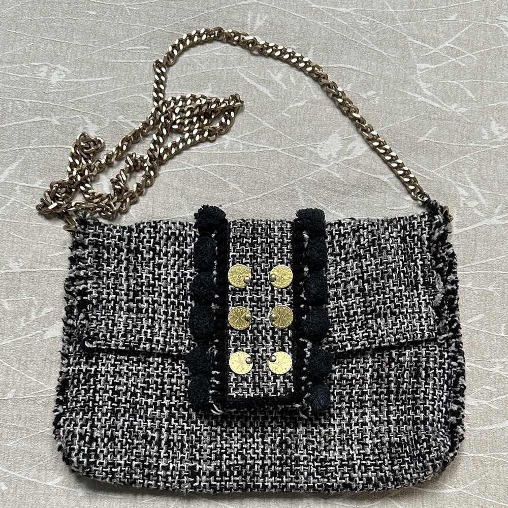 Elegant Black and Gold Tweed Crossbody Bag